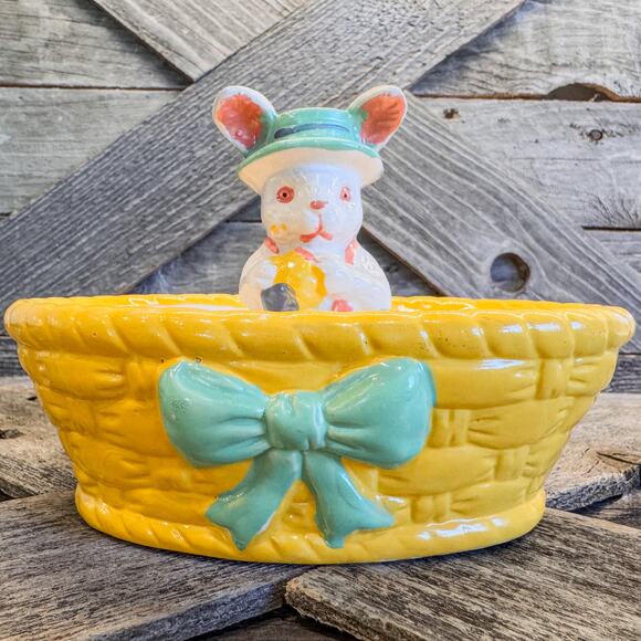 1997 Vintage Hermitage Pottery, Ceramic Easter Bunny and Basket Jelly Bean Dish - Picture 3 of 10